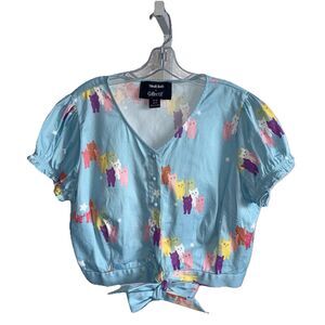 ModCloth X Collectif Kitty Cat Top US 14 Blue Multi Tie Button Front Puff Sleeve